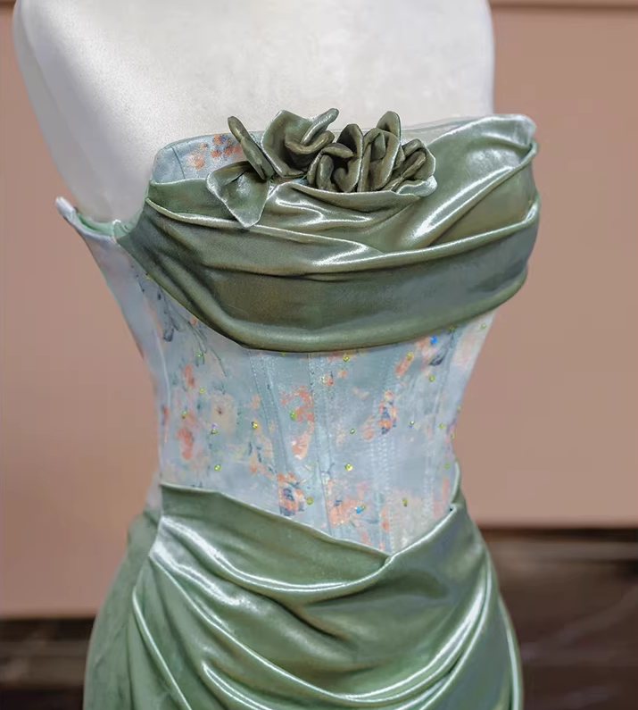 Glamorous Soft Green Satin Strapless Evening Gown Ruched Floral Shimmering Bodice Prom Dress DP7630