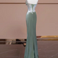 Glamorous Soft Green Satin Strapless Evening Gown Ruched Floral Shimmering Bodice Prom Dress DP7630