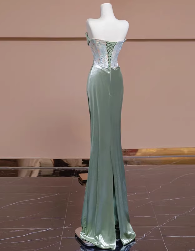Glamorous Soft Green Satin Strapless Evening Gown Ruched Floral Shimmering Bodice Prom Dress DP7630