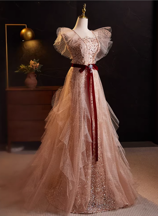 Glamorous Pink Tulle Sequin Ruffled Flutter Sleeves Burgundy Sash Tiered Sparkle Prom Dress DP7631