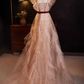 Glamorous Pink Tulle Sequin Ruffled Flutter Sleeves Burgundy Sash Tiered Sparkle Prom Dress DP7631