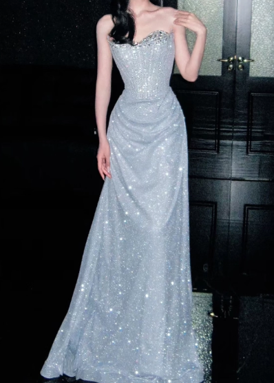 Glamorous Light Blue Sequin Strapless Formal Gown Ruched Bodice Floor-Length Sparkle Prom Dress DP7632