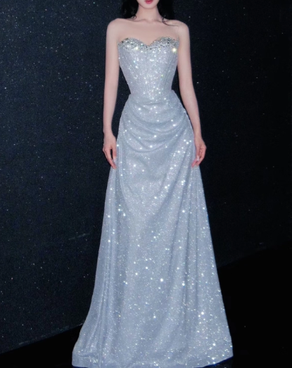 Glamorous Light Blue Sequin Strapless Formal Gown Ruched Bodice Floor-Length Sparkle Prom Dress DP7632