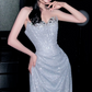 Glamorous Light Blue Sequin Strapless Formal Gown Ruched Bodice Floor-Length Sparkle Prom Dress DP7632