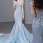 Glamorous Light Blue Sequin Mermaid Gown Spaghetti Strap Sweetheart Neckline Sparkle Train Prom Dress DP7633