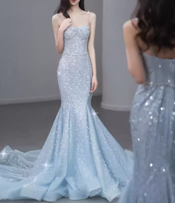 Glamorous Light Blue Sequin Mermaid Gown Spaghetti Strap Sweetheart Neckline Sparkle Train Prom Dress DP7633