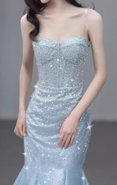 Glamorous Light Blue Sequin Mermaid Gown Spaghetti Strap Sweetheart Neckline Sparkle Train Prom Dress DP7633