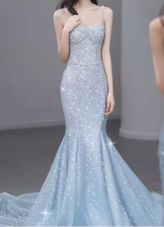 Glamorous Light Blue Sequin Mermaid Gown Spaghetti Strap Sweetheart Neckline Sparkle Train Prom Dress DP7633