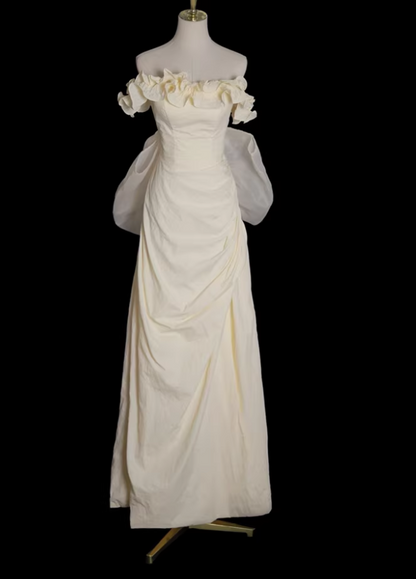 Vintage Ivory Off-the-Shoulder Ruffled Bodice Sheer Ruched Wedding Dress DP7634