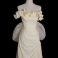 Vintage Ivory Off-the-Shoulder Ruffled Bodice Sheer Ruched Wedding Dress DP7634