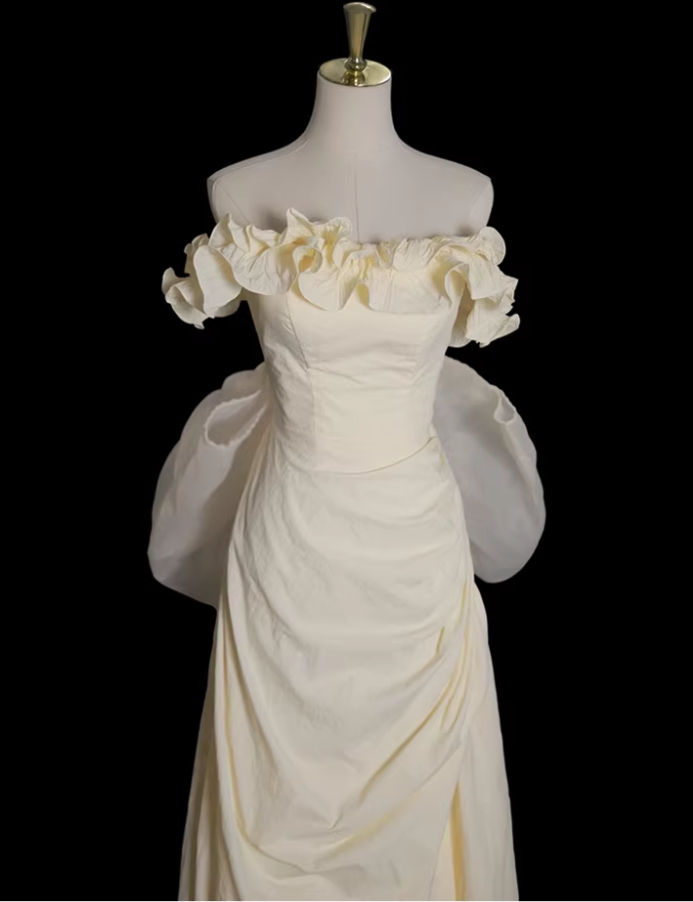 Vintage Ivory Off-the-Shoulder Ruffled Bodice Sheer Ruched Wedding Dress DP7634