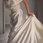 Vintage Cream Satin Off-the-Shoulder Ruched Silhouette with Train Wedding Dress DP7635