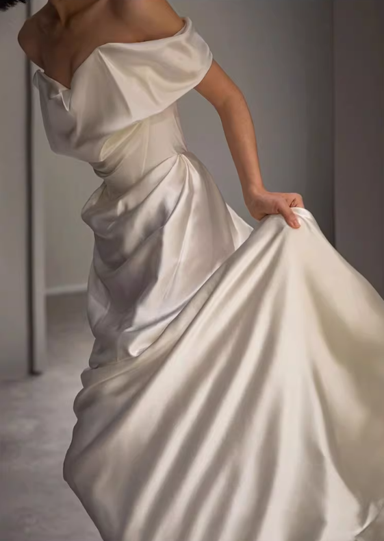 Vintage Cream Satin Off-the-Shoulder Ruched Silhouette with Train Wedding Dress DP7635