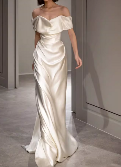 Vintage Cream Satin Off-the-Shoulder Ruched Silhouette with Train Wedding Dress DP7635