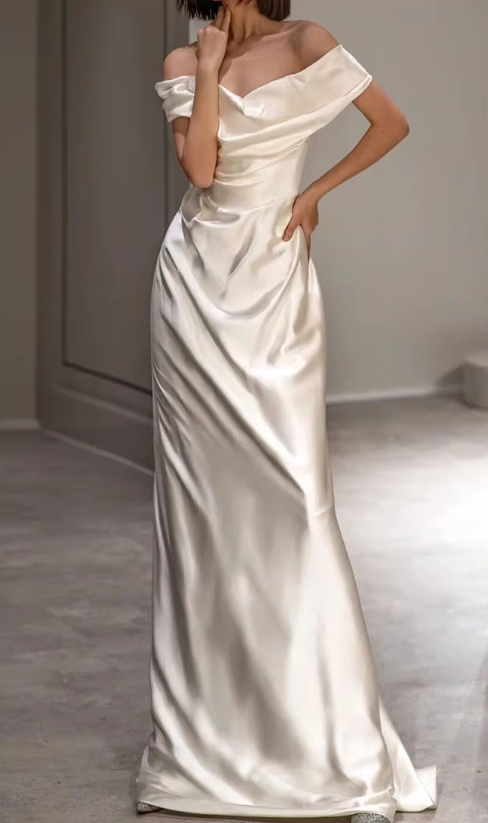 Vintage Cream Satin Off-the-Shoulder Ruched Silhouette with Train Wedding Dress DP7635