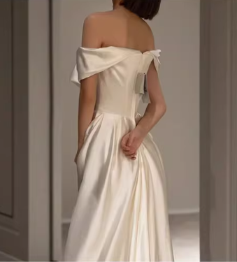 Vintage Cream Satin Off-the-Shoulder Ruched Silhouette with Train Wedding Dress DP7635