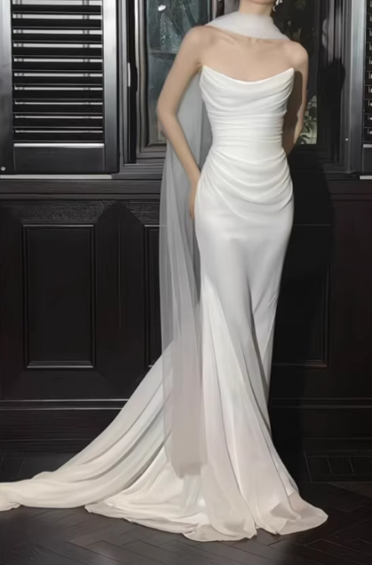 Elegant White Sheath Draped Floor-Length Sheath Wedding Dress DP7665