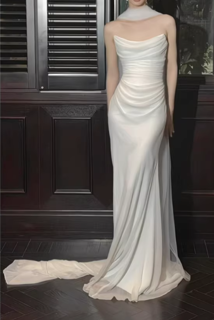 Elegant White Sheath Draped Floor-Length Sheath Wedding Dress DP7665