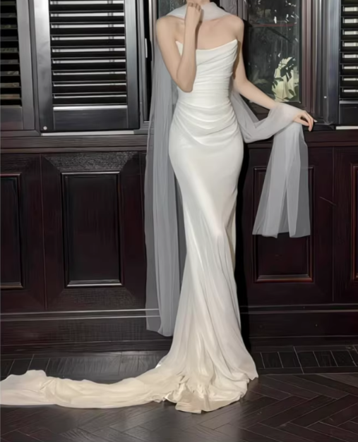 Elegant White Sheath Draped Floor-Length Sheath Wedding Dress DP7665