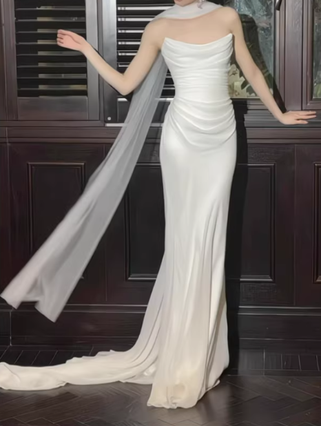 Elegant White Sheath Draped Floor-Length Sheath Wedding Dress DP7665
