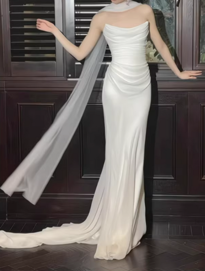 Elegant White Sheath Draped Floor-Length Sheath Wedding Dress DP7665