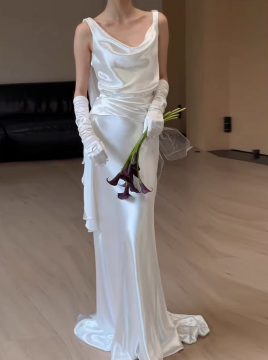 Elegant White Sheath Draped Floor-Length Sheath Wedding Dress DP7666
