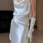 Elegant White Sheath Draped Floor-Length Sheath Wedding Dress DP7666