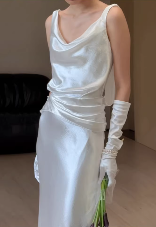 Elegant White Sheath Draped Floor-Length Sheath Wedding Dress DP7666