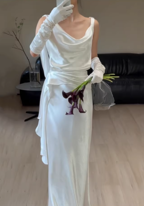 Elegant White Sheath Draped Floor-Length Sheath Wedding Dress DP7666