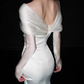 Elegant White Satin Mermaid Off-the-Shoulder Tulle Sleeves & Train Wedding Dress DP7667