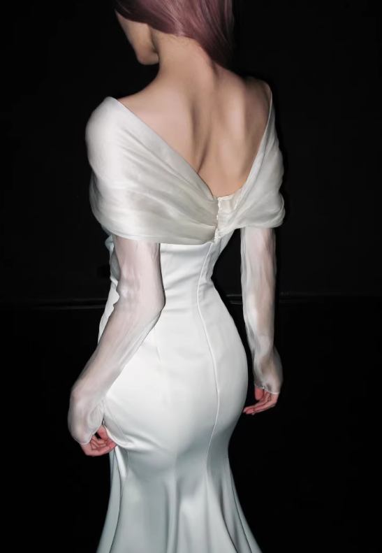 Elegant White Satin Mermaid Off-the-Shoulder Tulle Sleeves & Train Wedding Dress DP7667