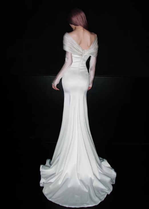 Elegant White Satin Mermaid Off-the-Shoulder Tulle Sleeves & Train Wedding Dress DP7667