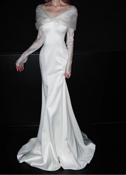 Elegant White Satin Mermaid Off-the-Shoulder Tulle Sleeves & Train Wedding Dress DP7667