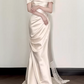 Elegant Cream Satin Off-the-Shoulder Ruched Mermaid Silhouette & Train Wedding Dress DP7668