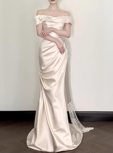 Elegant Cream Satin Off-the-Shoulder Ruched Mermaid Silhouette & Train Wedding Dress DP7668