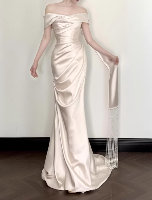 Elegant Cream Satin Off-the-Shoulder Ruched Mermaid Silhouette & Train Wedding Dress DP7668
