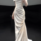 Elegant Cream Satin Off-the-Shoulder Ruched Mermaid Silhouette & Train Wedding Dress DP7668