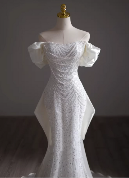 Elegant Ivory Off-the-Shoulder Beaded Bodice Puff Sleeve Mermaid Wedding Dress DP7669
