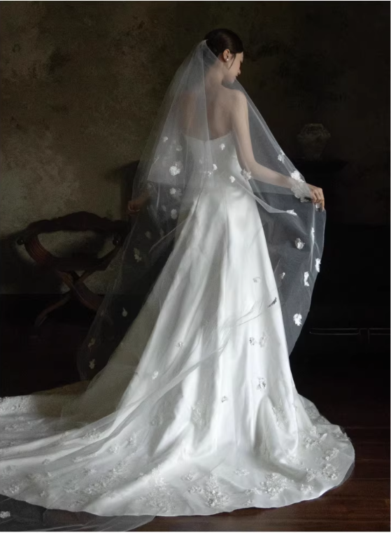 Elegant White Strapless Satin 3D Floral Applique A-Line Train Wedding Dress DP7671