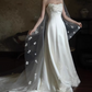 Elegant White Strapless Satin 3D Floral Applique A-Line Train Wedding Dress DP7671