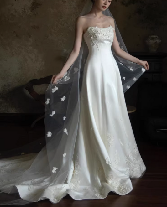 Elegant White Strapless Satin 3D Floral Applique A-Line Train Wedding Dress DP7671