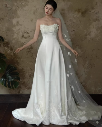 Elegant White Strapless Satin 3D Floral Applique A-Line Train Wedding Dress DP7671