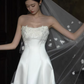 Elegant White Strapless Satin 3D Floral Applique A-Line Train Wedding Dress DP7671