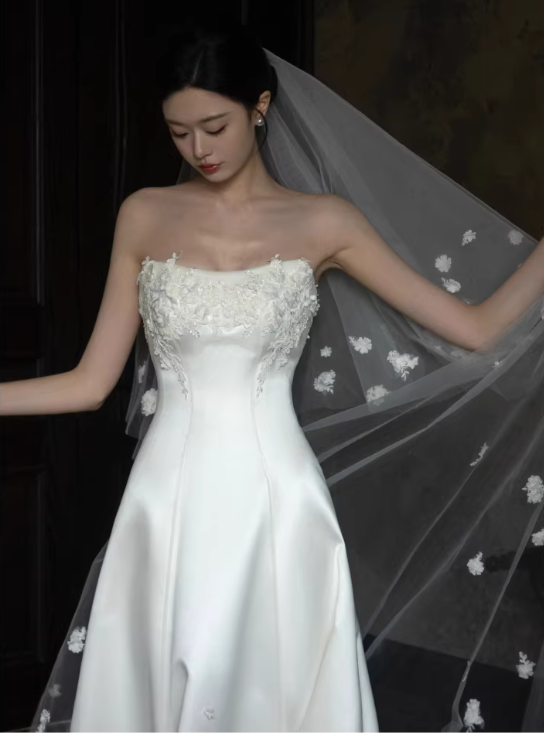 Elegant White Strapless Satin 3D Floral Applique A-Line Train Wedding Dress DP7671