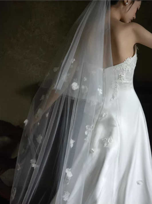 Elegant White Strapless Satin 3D Floral Applique A-Line Train Wedding Dress DP7671