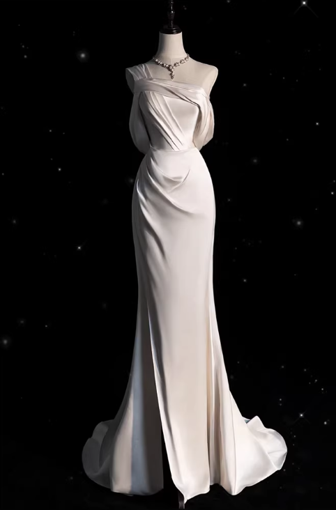 Elegant Satin One-Shoulder Mermaid Draped  Wedding Dress DP7673