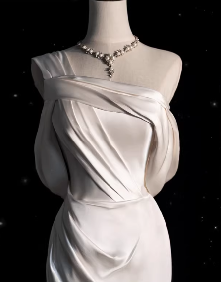 Elegant Satin One-Shoulder Mermaid Draped  Wedding Dress DP7673