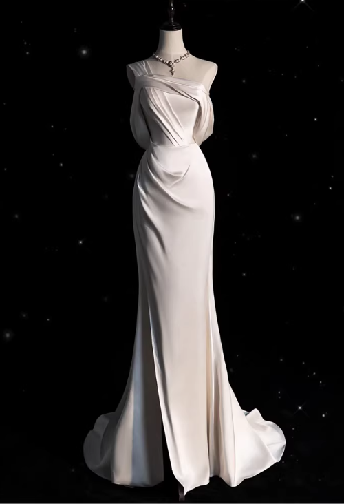 Elegant Satin One-Shoulder Mermaid Draped  Wedding Dress DP7673