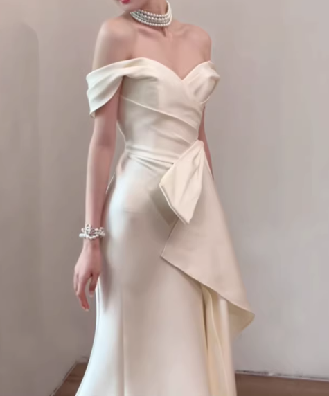 Elegant Cream Off-the-Shoulder Satin Mermaid Wedding Dress DP7674