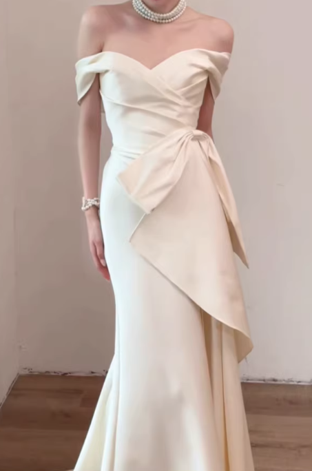 Elegant Cream Off-the-Shoulder Satin Mermaid Wedding Dress DP7674
